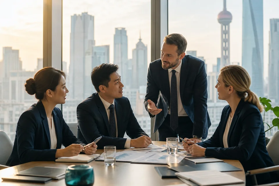 Cross-border business team collaborating in a modern office