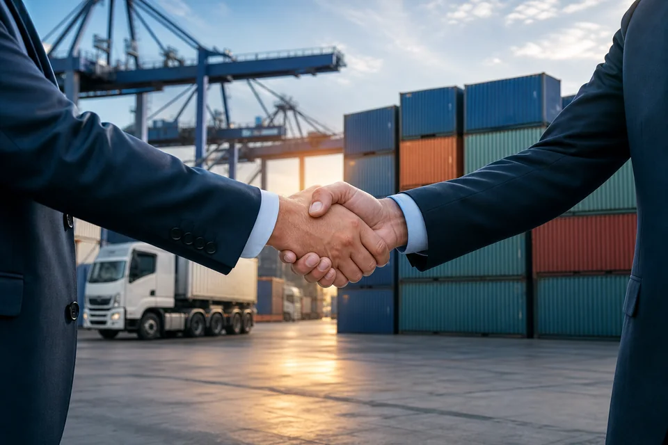 Business partners shaking hands at an international container port